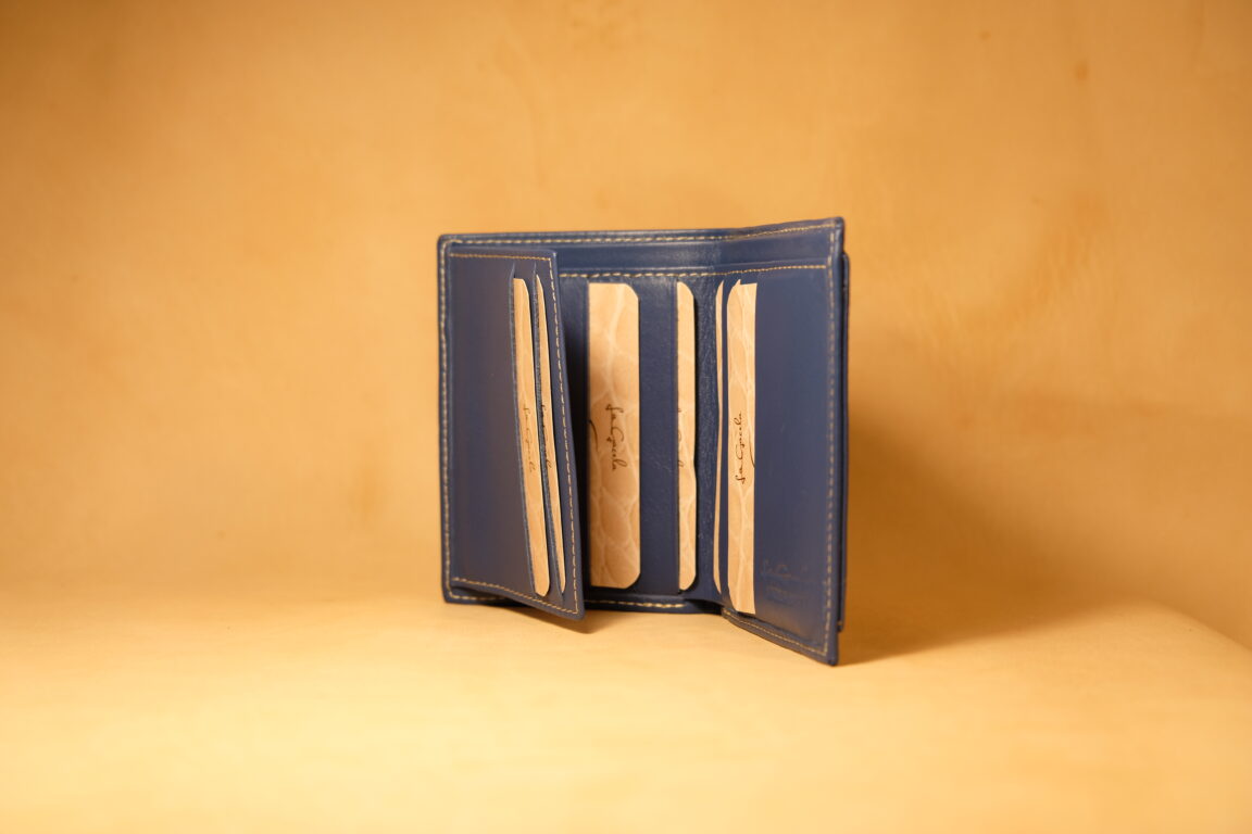 cartera mini piel azul con monedero exterior